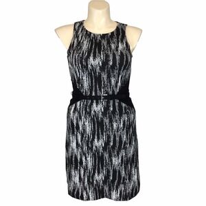 Cache Dress 12 White Black Abstract Stripe Fit Flare Flattering Stretch Belt LN